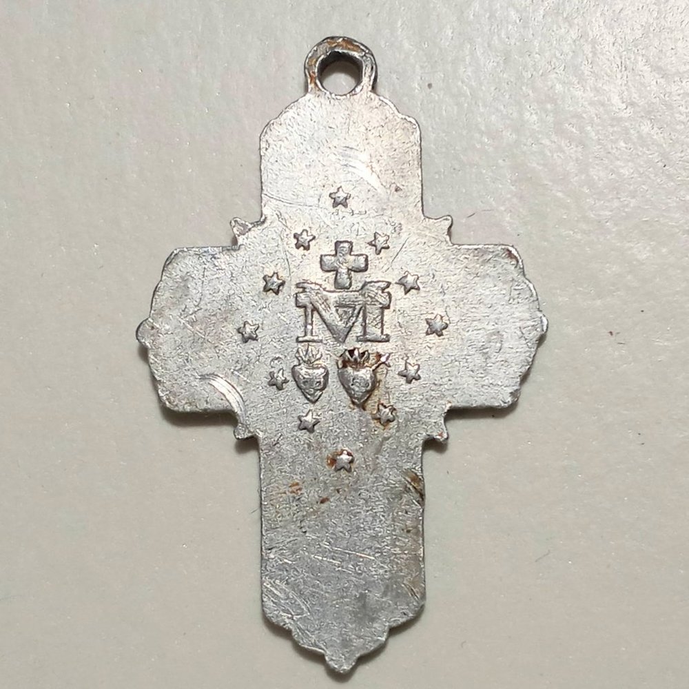 Vintage Miraculous Medal On A Silver And Green Cross Pendant Charm #C014 - Picture 2 of 2